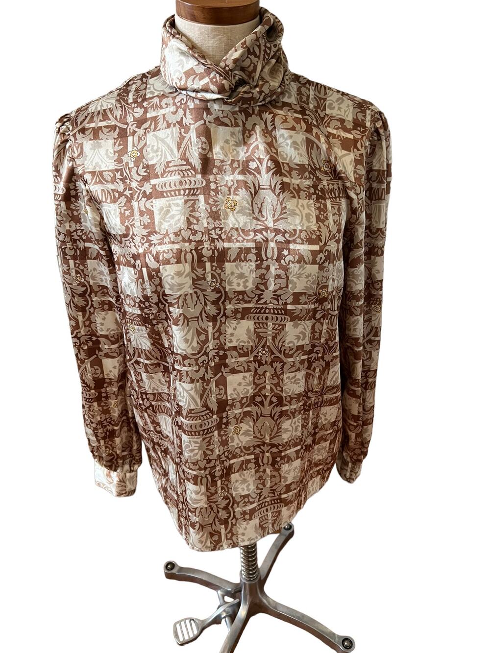 Vintage 70s High Neck Satin Top Brown Jacquard Print